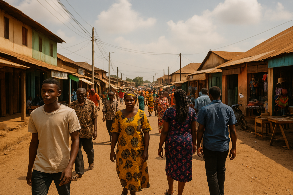 african street with people passing by